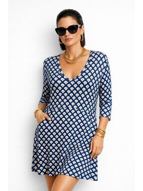 Boden Women 10 Travel Preppy Blue Geometric Dress 3/4 Sleeve  Resort Nautical